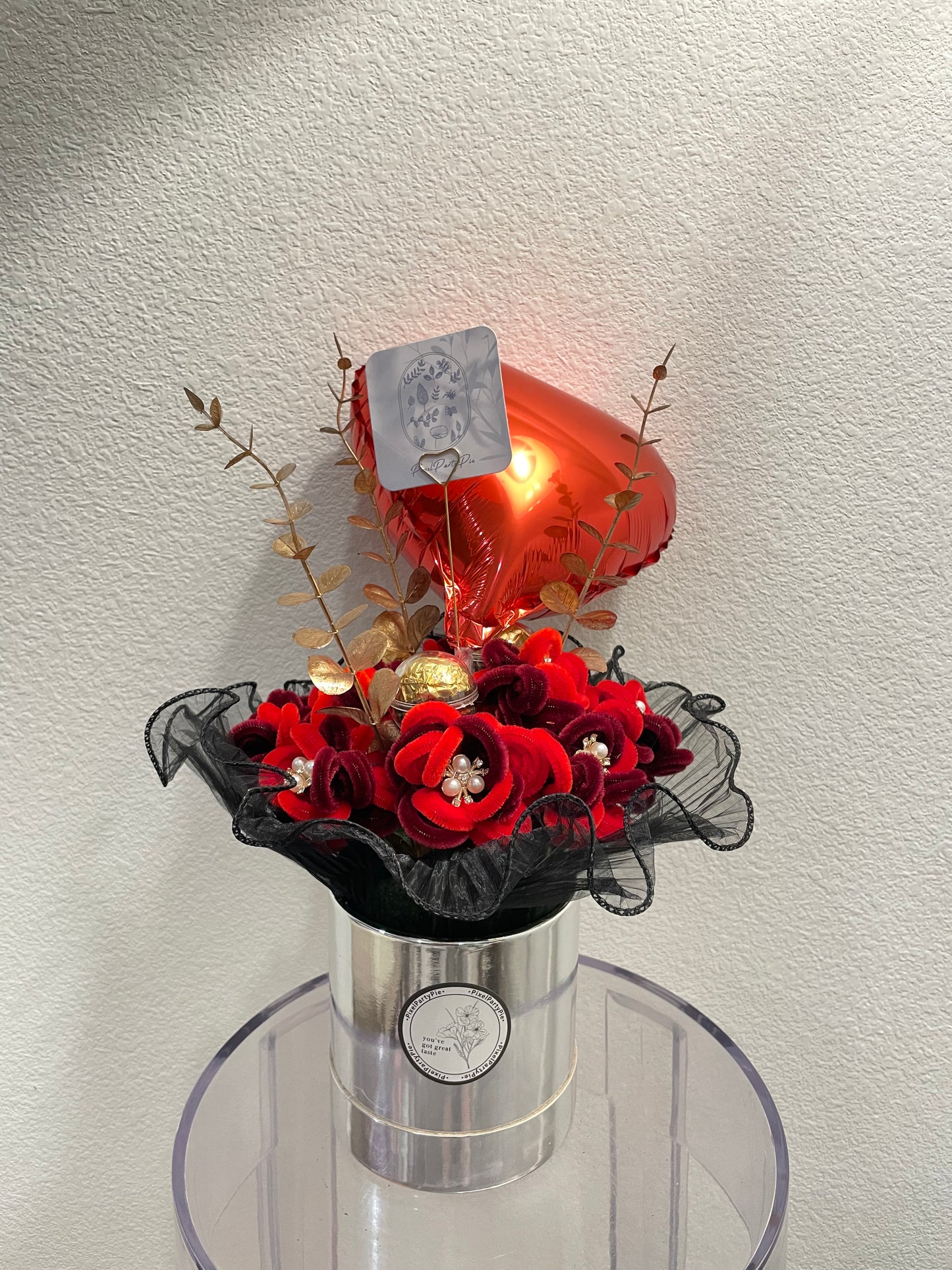 Valentine’s Day Red Rose Bucket with Red Balloon