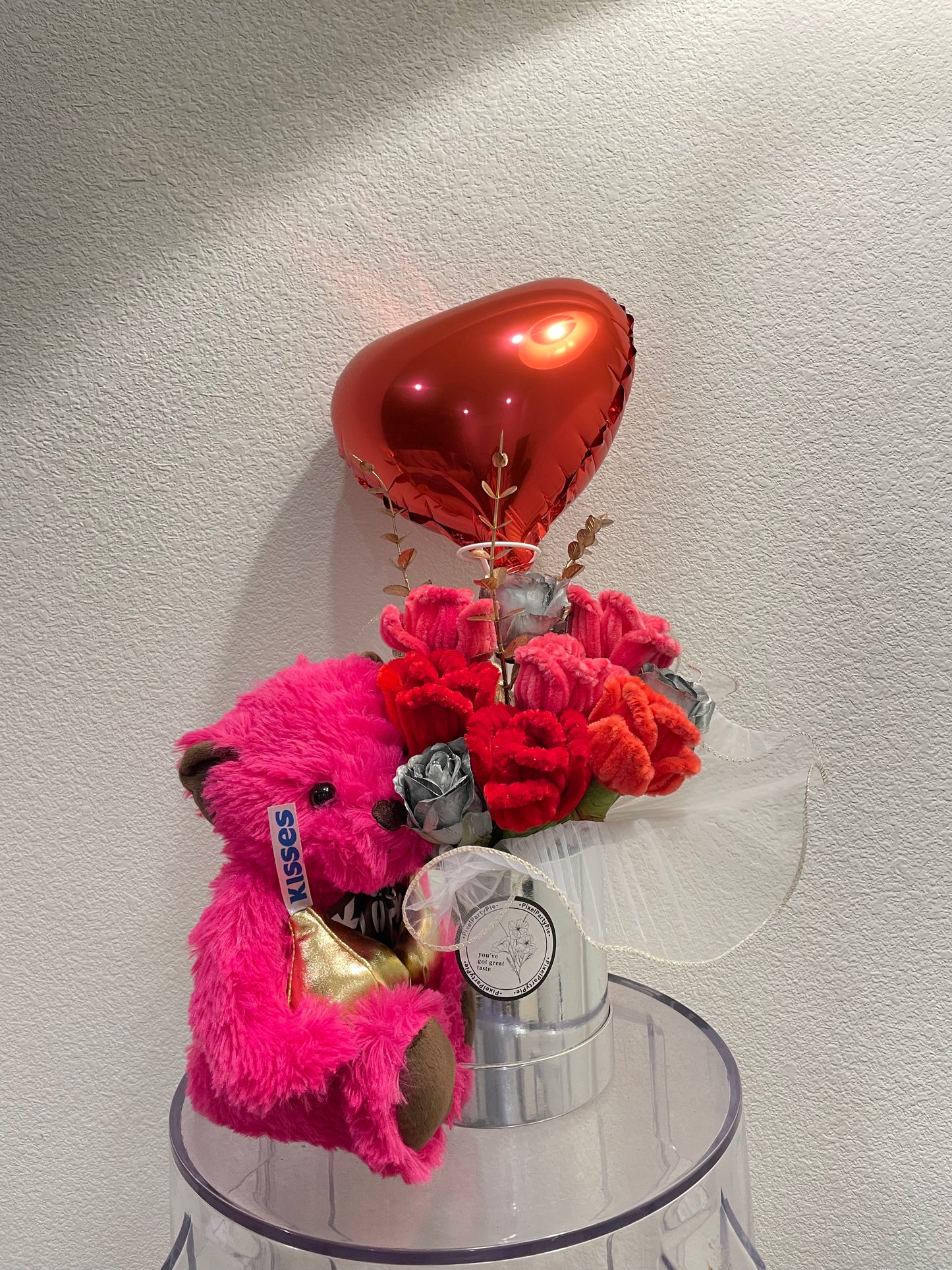 Hot Pink Bear with Roses Bucket