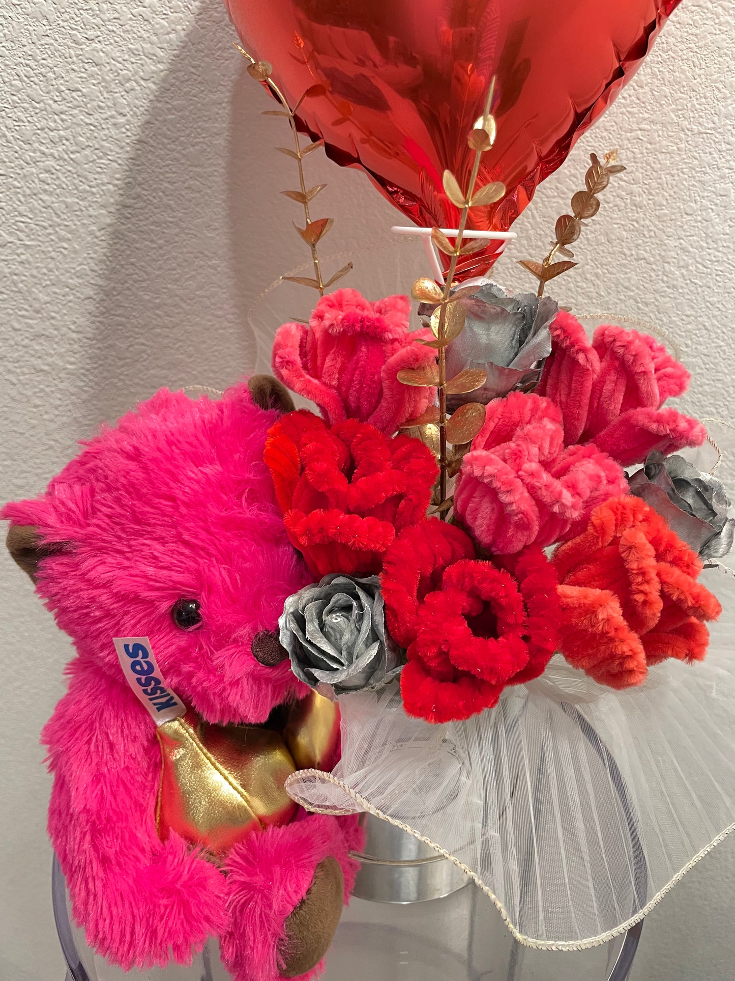 Hot Pink Bear with Roses Bucket