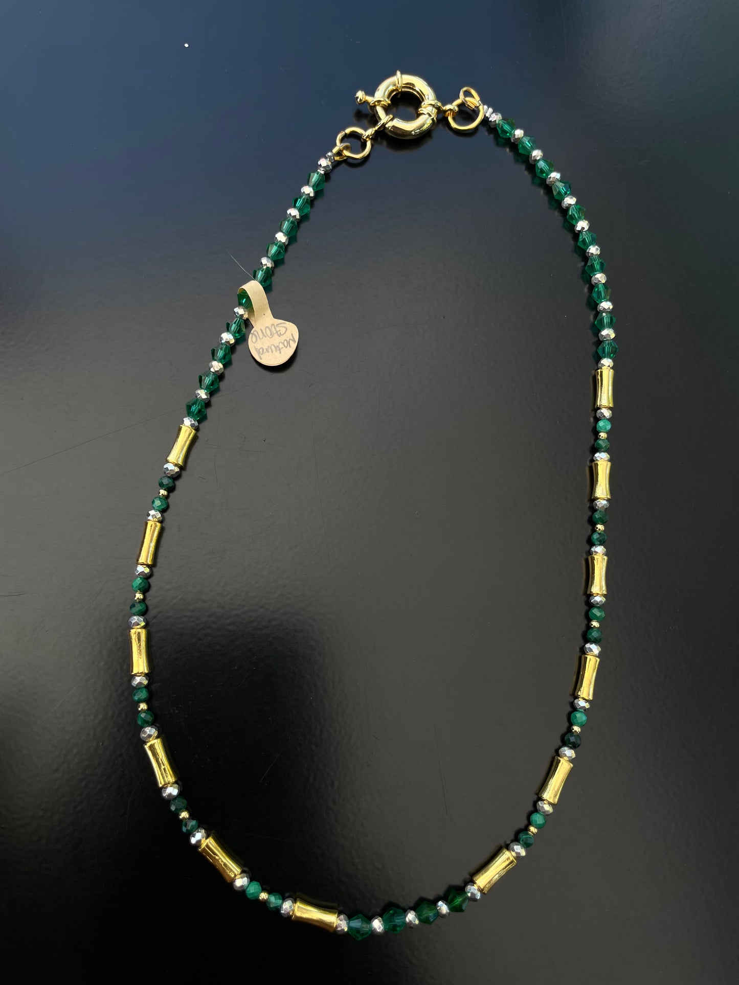 16 inches necklace, nature stone and glass beads green
