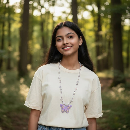 Butterfly sweater necklace 24 inches 
Purple