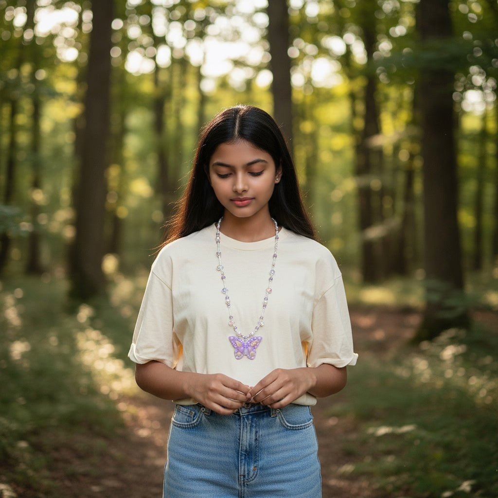 Butterfly sweater necklace 24 inches 
Purple